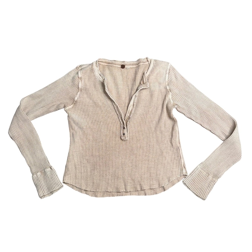 Free People FP One Thermal Henley Women Small Tan Beige Excellent Waffle Knit